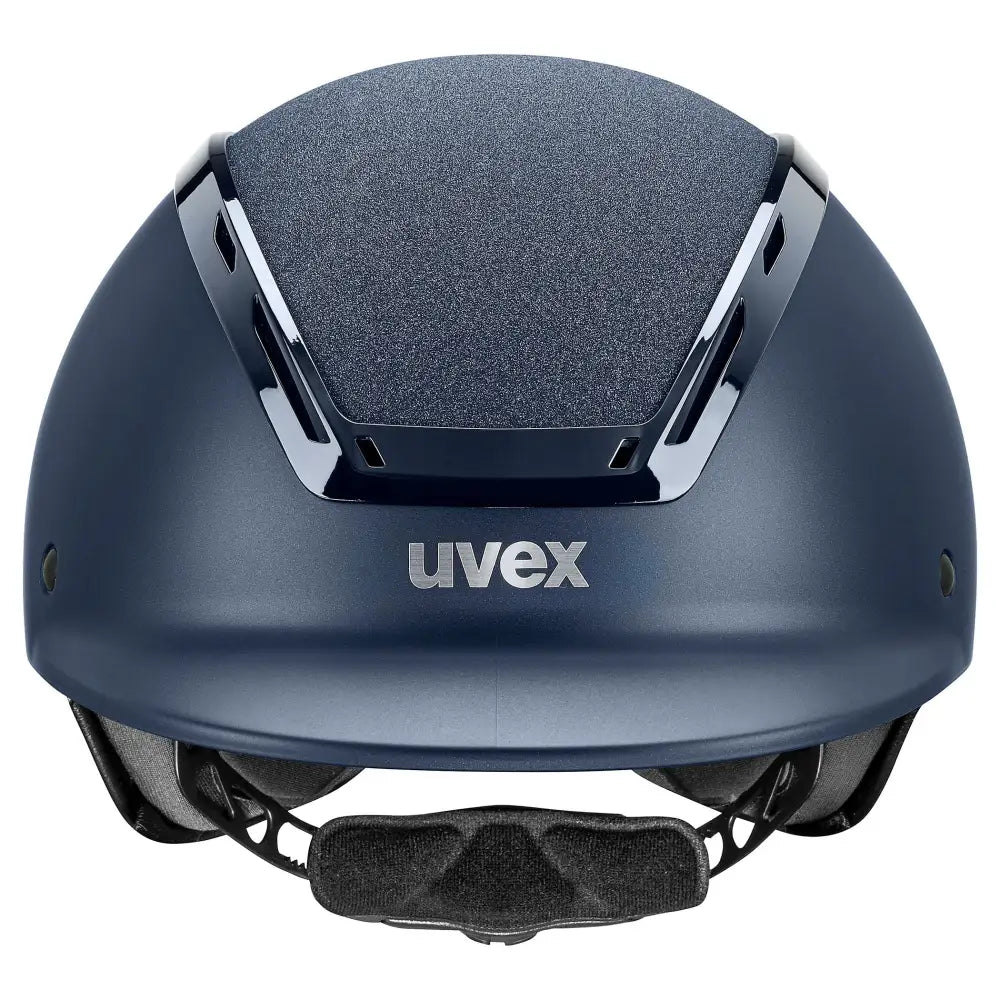 Navy blue uvex exxeed starshine equestrian helmet with textured gray panel black trim and hardshell helmet technology