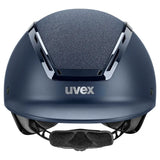 Navy blue uvex exxeed starshine equestrian helmet with textured gray panel black trim and hardshell helmet technology