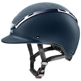 Navy blue uvex exxeed starshine riding hat with textured gray top silver trim hardshell helmet technology and piano lacquer finish