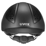 Black uvex exxential iii adjustable riding hat with perforated ventilation and textured chin strap for comfort