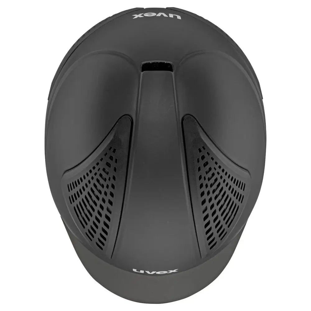 Matte black uvex exxential iii adjustable riding hat with ventilated side panels and uvex brand logo visible