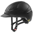 Black matte uvex exxential iii mips equestrian helmet with ventilation grilles and adjustable straps for riding use