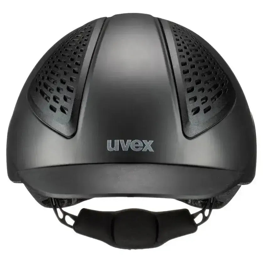 Black uvex exxential iii mips adjustable riding helmet with matte finish and perforated ventilation panels