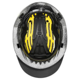A black and silver uvex exxential iii mips riding helmet with bright yellow internal padding for safety and comfort