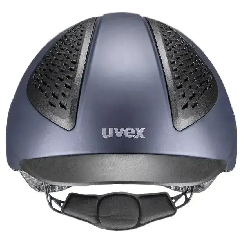 Matte dark gray uvex exxential iii mips equestrian helmet with black ventilated panels and adjustable chin strap