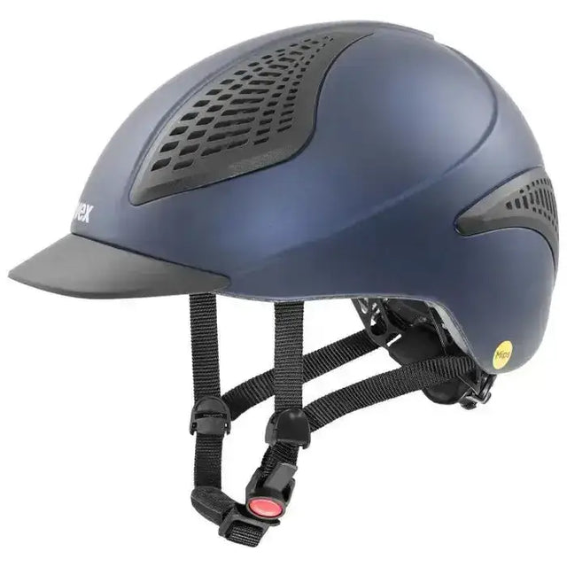 Matte navy blue uvex exxential iii mips riding helmet with black vents and adjustable straps for equestrian use