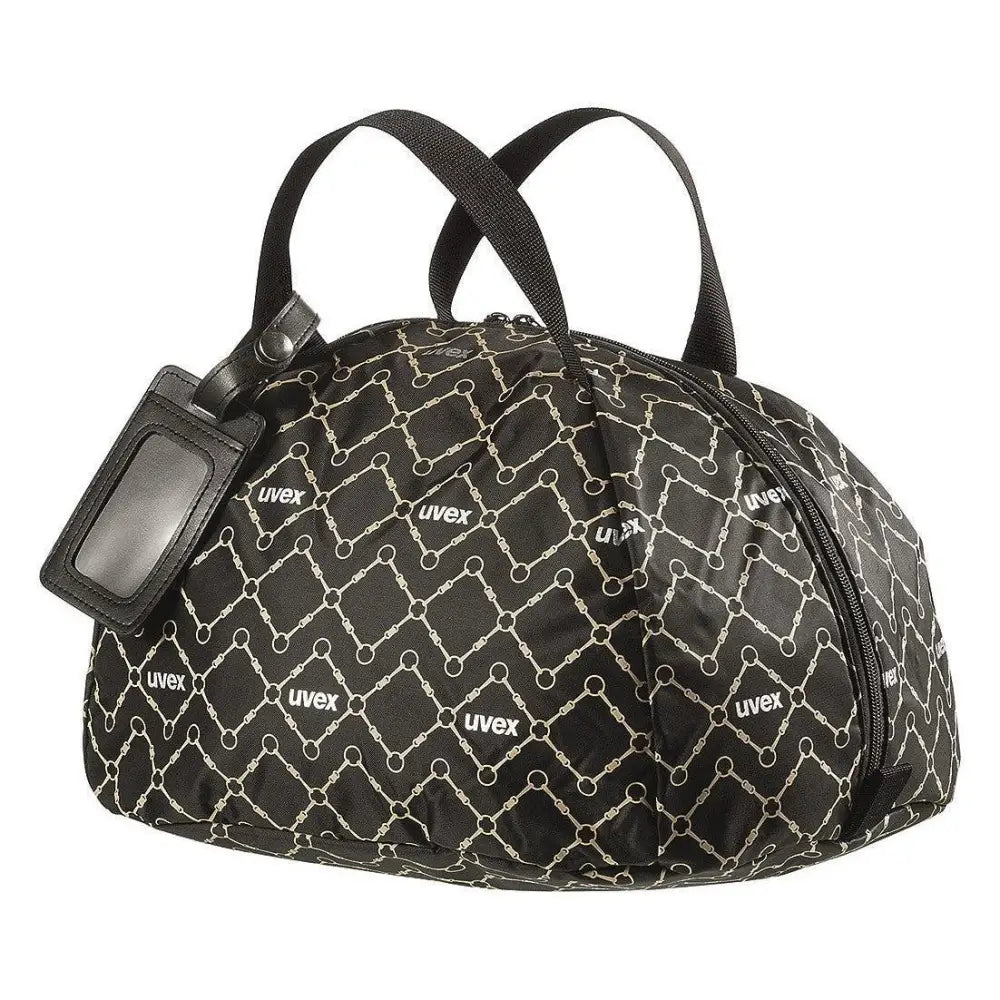 Black uvex helmet bag with white chain-link pattern and repeating uvex logos perfect for carrying your helmet