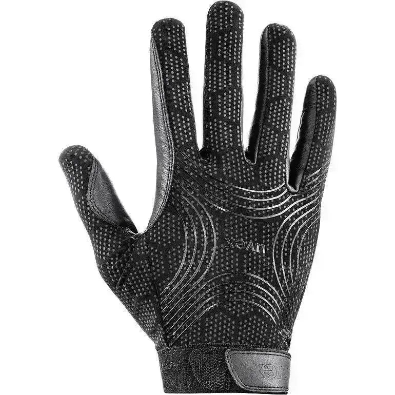 Black uvex ceravent riding gloves with textured perforated palm and silver wave patterns on backhand for riding gloves extremely durable
