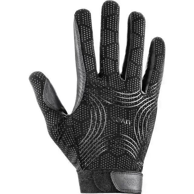 Black uvex ceravent riding gloves with textured perforated palm and silver wave patterns on backhand for riding gloves extremely durable
