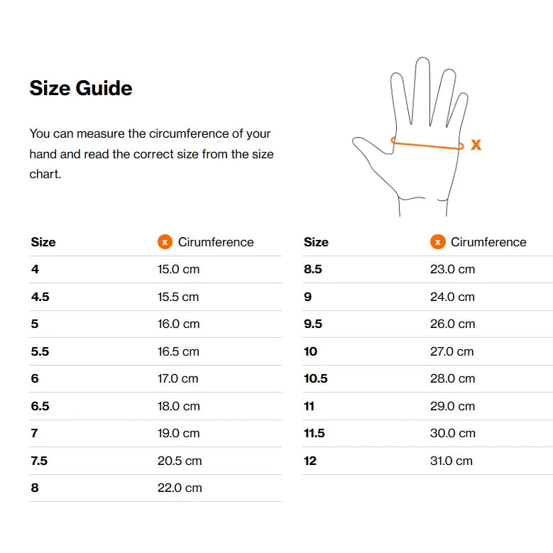 Hand size measurement chart with diagram for selecting the correct uvex ceravent riding gloves fit easily