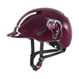 Glossy maroon uvex kiddox flower riding hat with white horse head and pink blue flower design