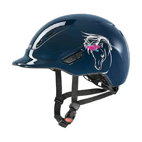Glossy navy blue uvex kiddox flower riding hat with white horse head and pink purple floral design