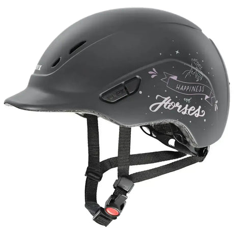 Matte black uvex kiddox happy kids riding helmet with white happy horse anthracite unicorn stars and ribbon design