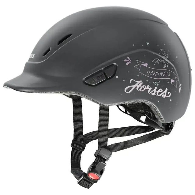 Matte black uvex kiddox happy kids riding helmet with white happy horse anthracite unicorn stars and ribbon design
