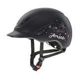 Black glossy uvex kiddox happy kids riding helmet with white happiness and horses script and star floral design