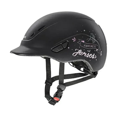 Black glossy uvex kiddox happy kids riding helmet with white happiness and horses script and star floral design