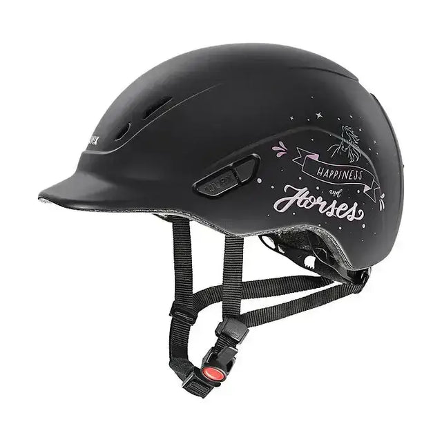 Black glossy uvex kiddox happy kids riding helmet with white happiness and horses script and star floral design