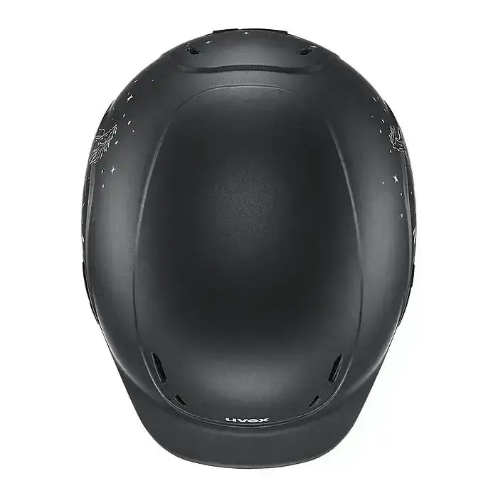 Black matte uvex kiddox happy kids riding helmet with white star and bird decals for kiddox happy horse riding