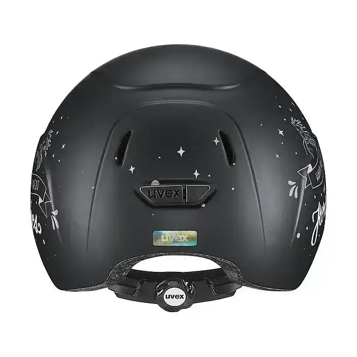 Black matte uvex kiddox happy kids riding helmet with white star and unicorn decals for horse riding fun