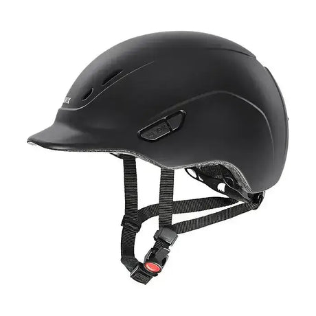 Uvex kiddox matt black kids riding helmet with black matte finish adjustable straps and red buckle
