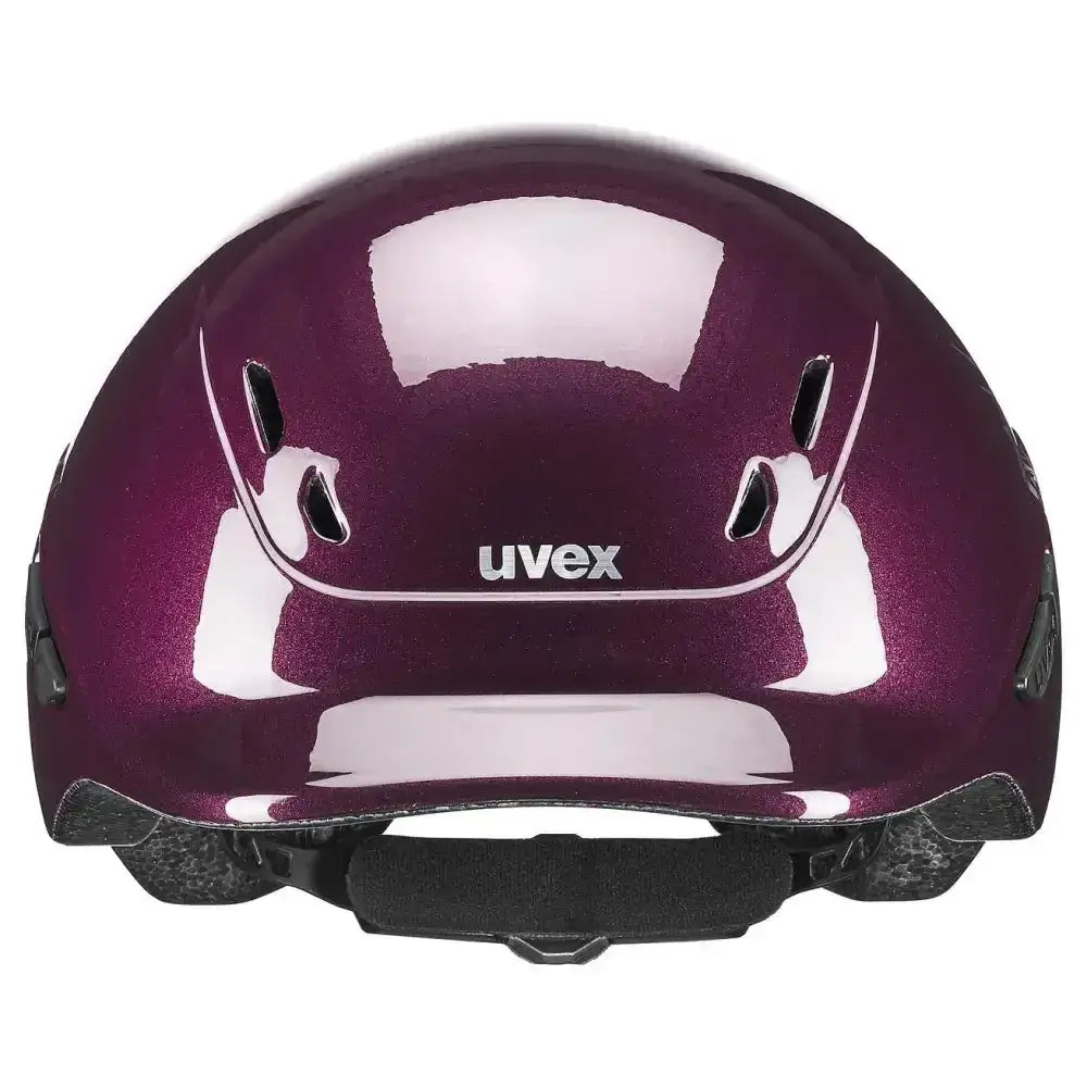 A glossy deep purple uvex kiddox shiny bike helmet with aerodynamic design and black vents for kids riding safety