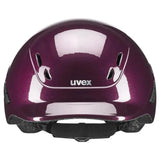 A glossy deep purple uvex kiddox shiny bike helmet with aerodynamic design and black vents for kids riding safety