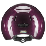 A glossy purple uvex kiddox shiny riding helmet with sleek aerodynamic design and black vents for kids biking