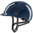 Navy blue glossy uvex kiddox shiny kids riding helmet with white accent stripes and black adjustable straps