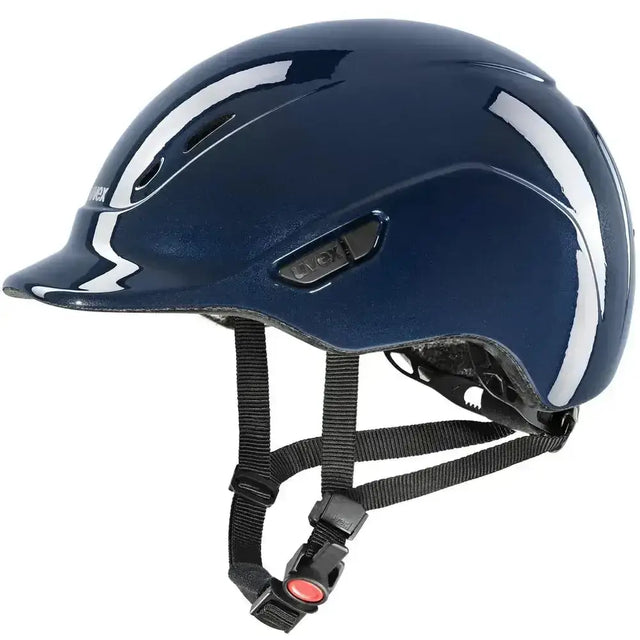 Navy blue glossy uvex kiddox shiny kids riding helmet with white accent stripes and black adjustable straps