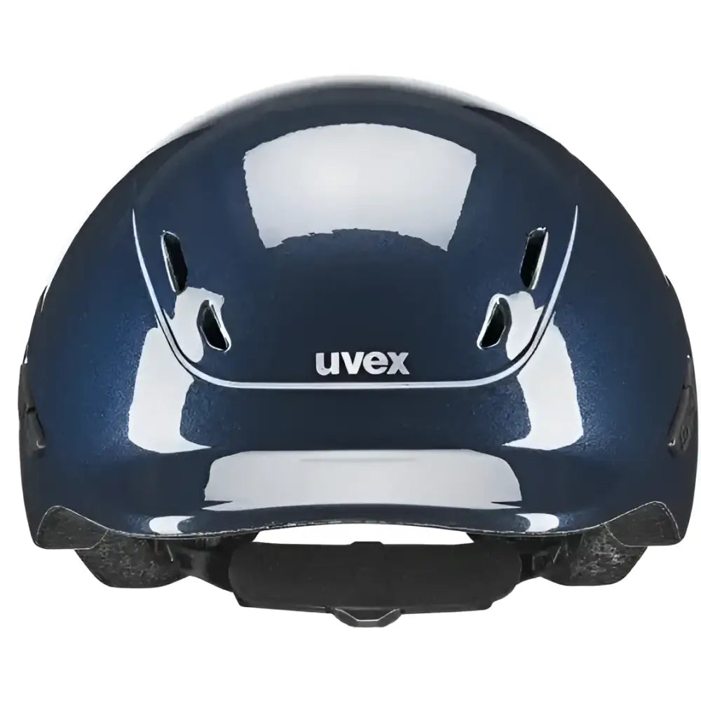 Dark blue glossy uvex kiddox shiny navy kids riding helmet with sleek aerodynamic design and ventilation slots