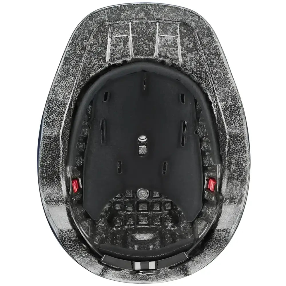 Inside view of uvex kiddox shiny navy kids riding helmet with silver texture and black padded lining with red buttons