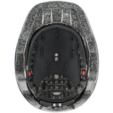 Inside view of uvex kiddox shiny navy kids riding helmet with silver texture and black padded lining with red buttons