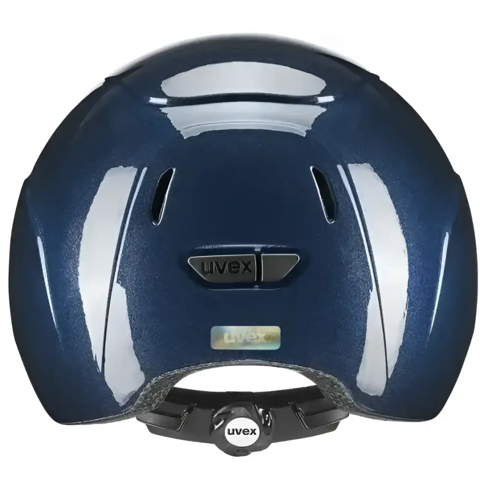 A sleek glossy navy blue uvex kiddox shiny kids riding helmet with aerodynamic design and subtle ventilation slots