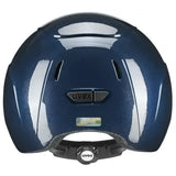 A sleek glossy navy blue uvex kiddox shiny kids riding helmet with aerodynamic design and subtle ventilation slots