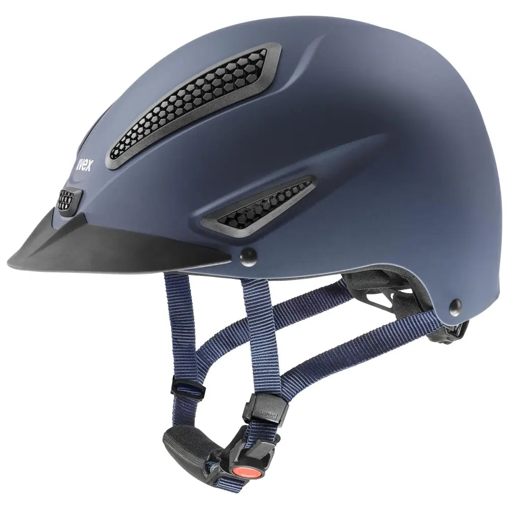 Matte navy blue uvex perfexxion iii adjustable riding helmet with black ventilation grilles and extremely impact resistant design