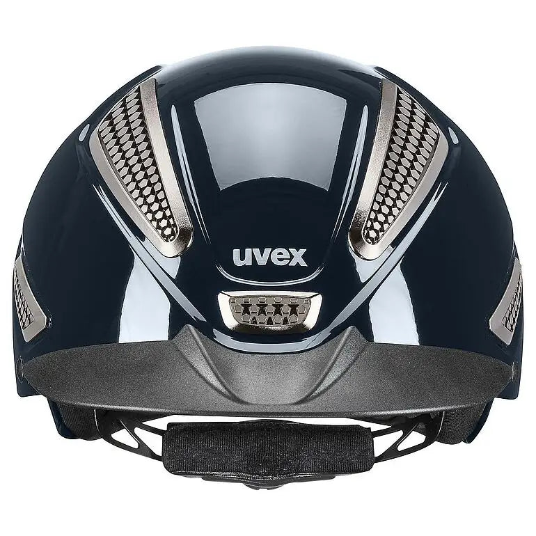 Black uvex perfexxion iii shiny adjustable riding helmet with silver ventilation grilles and glossy finish