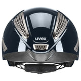 Black uvex perfexxion iii shiny adjustable riding helmet with silver ventilation grilles and glossy finish