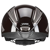 Black uvex perfexxion iii shiny adjustable riding helmet with glossy finish and silver ventilation panels