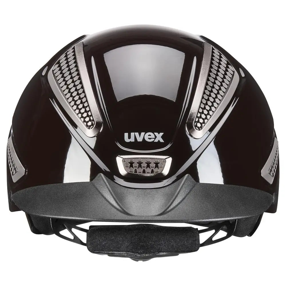 Black uvex perfexxion iii shiny adjustable riding helmet with silver mesh ventilation panels and glossy finish