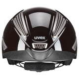 Black uvex perfexxion iii shiny adjustable riding helmet with silver mesh ventilation panels and glossy finish
