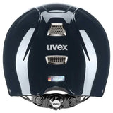 Black glossy uvex perfexxion iii shiny adjustable riding helmet with silver ventilation grilles and chin strap