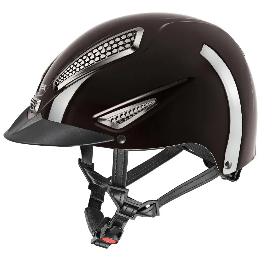 Black glossy uvex perfexxion iii adjustable riding helmet with silver vents and matching visor for equestrian use