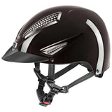 Black glossy uvex perfexxion iii adjustable riding helmet with silver vents and matching visor for equestrian use