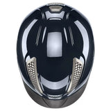 Black glossy uvex perfexxion iii adjustable riding helmet with silver ventilation grilles and aerodynamic design