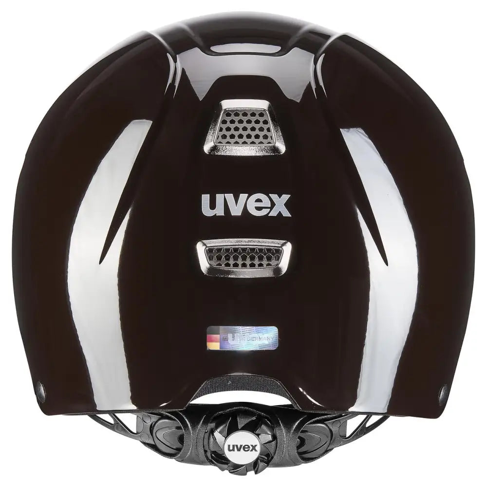 Black glossy uvex perfexxion iii shiny adjustable riding helmet with silver vents and matching branded visor