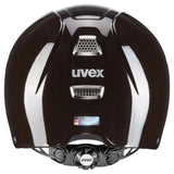Black glossy uvex perfexxion iii shiny adjustable riding helmet with silver vents and matching branded visor