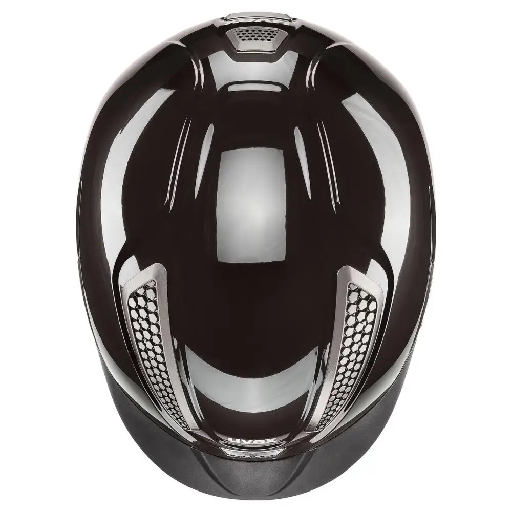 Black glossy uvex perfexxion iii shiny adjustable riding helmet with silver trim and ventilation grilles
