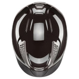 Black glossy uvex perfexxion iii shiny adjustable riding helmet with silver trim and ventilation grilles