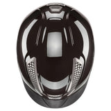 Black glossy uvex perfexxion iii adjustable riding helmet with silver trim and ventilation grilles for safety and style