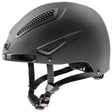 Matte black uvex perfexxion riding hat with honeycomb climate control panels and adjustable straps for equestrian use